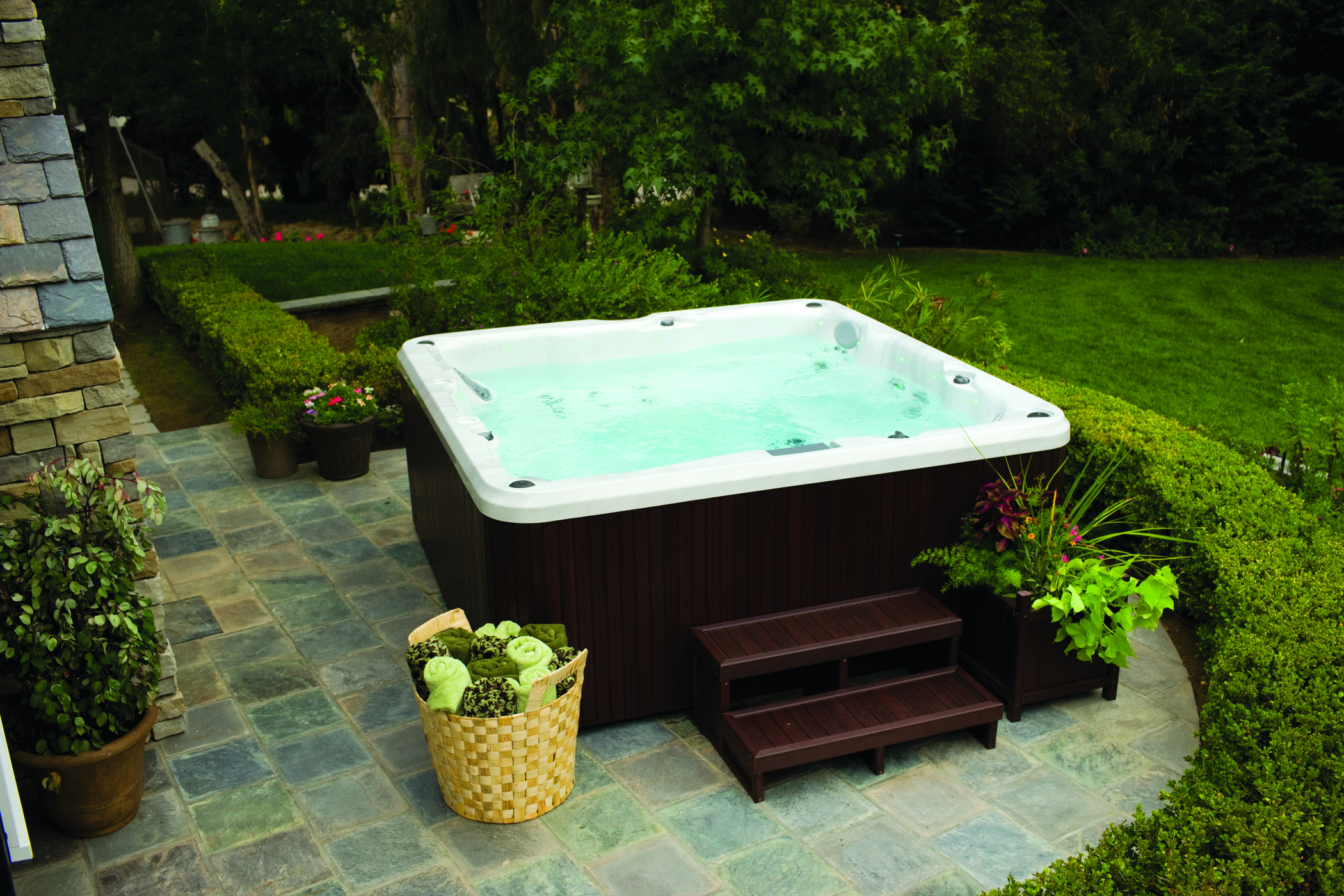 Backyard hot tub installation.