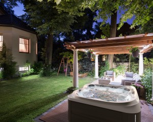 Outdoor hot tub installation at night.